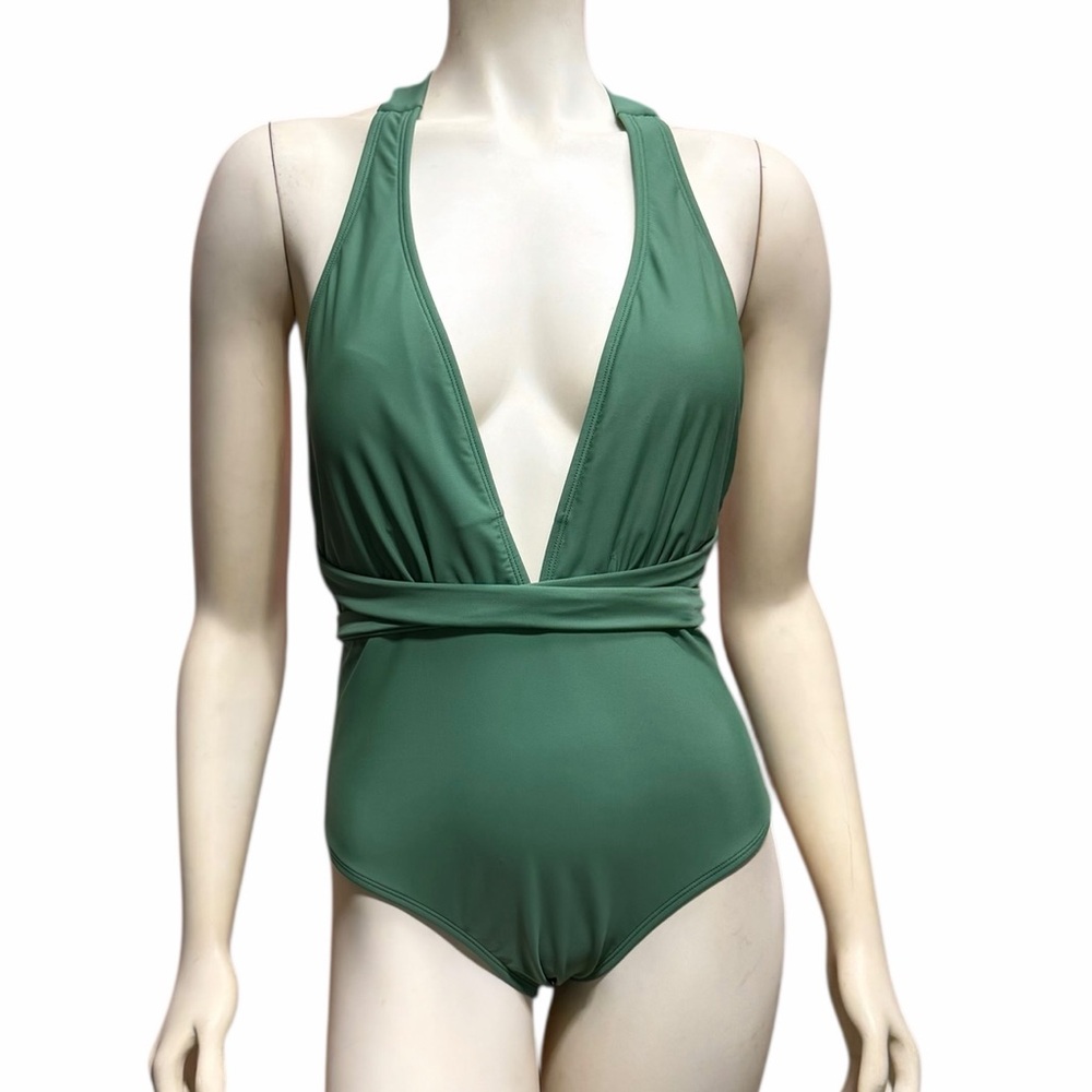NWT Cupshe Green Halter One Piece Swimsuit Plunge Neck Wrap Tie Padded Size M